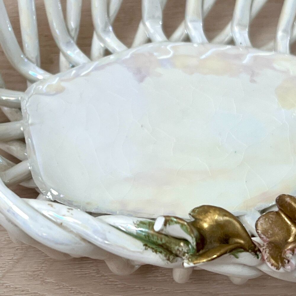 Vintage Capodimonte Italy (SIGNED) Iridescent Porcelain Open Lattice Weave Bowl - Picture 7 of 16